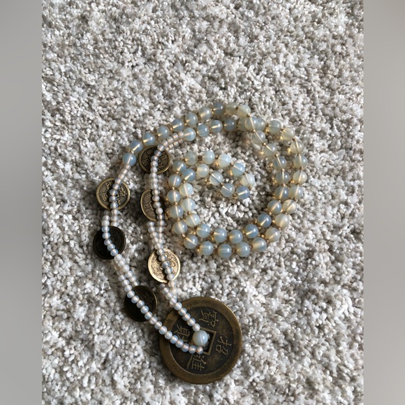 VTG Japanese Coin Necklace Dragon & Phoenix Translucent Moonglow Glass Beads 32” - Picture 4 of 12